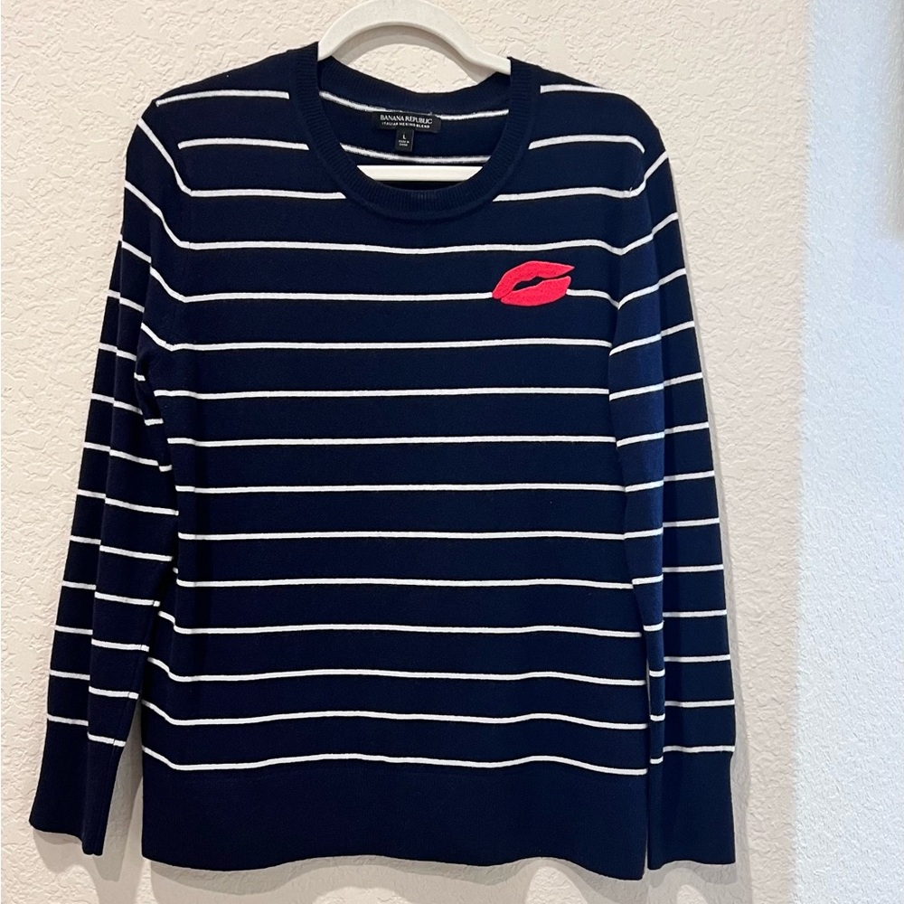 Banana Republic Merino Wool Striped Sweater Red Lip Embroidery | Women’s Large